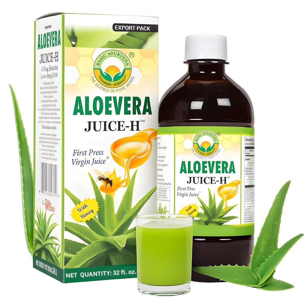 BASIC AYURVEDA Aloe Vera Juice with Honey 32.46 Fl Oz (960ml) | 소화 건강, 하이드로션 및 피부 웰빙 지원 | 냉간 프레스 허브 주스 | 천연 클렌징 | 추가 설탕 없음