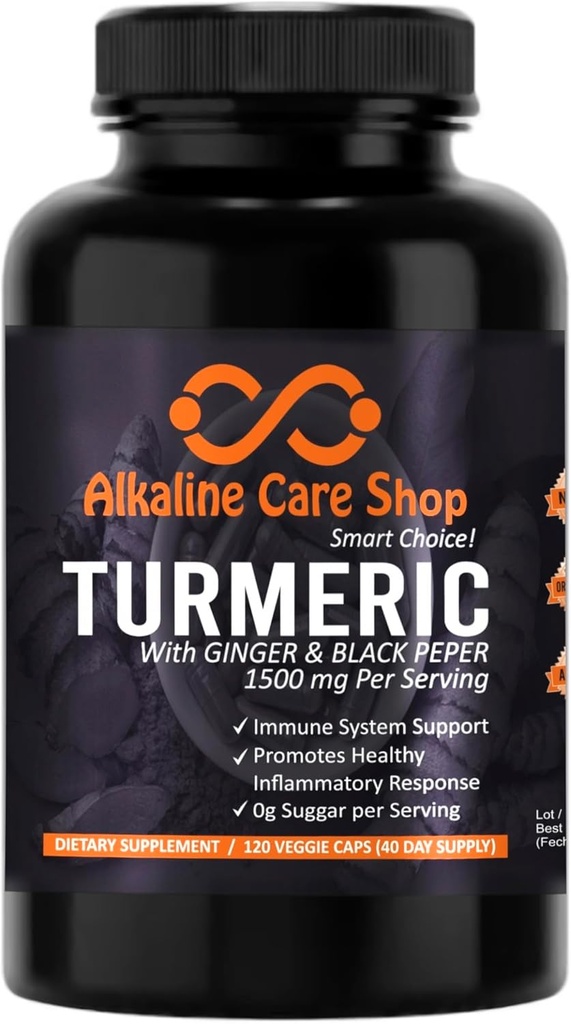 알칼리 관리 |Turmeric Curcumin 보충교재 1500mg 유기 심황, 생강 및 제일 흡수를 위한 까만 고추 |Non-GMO | 합동 & 건강한 염증 응답 지원 (120 Veggie 캡슐)