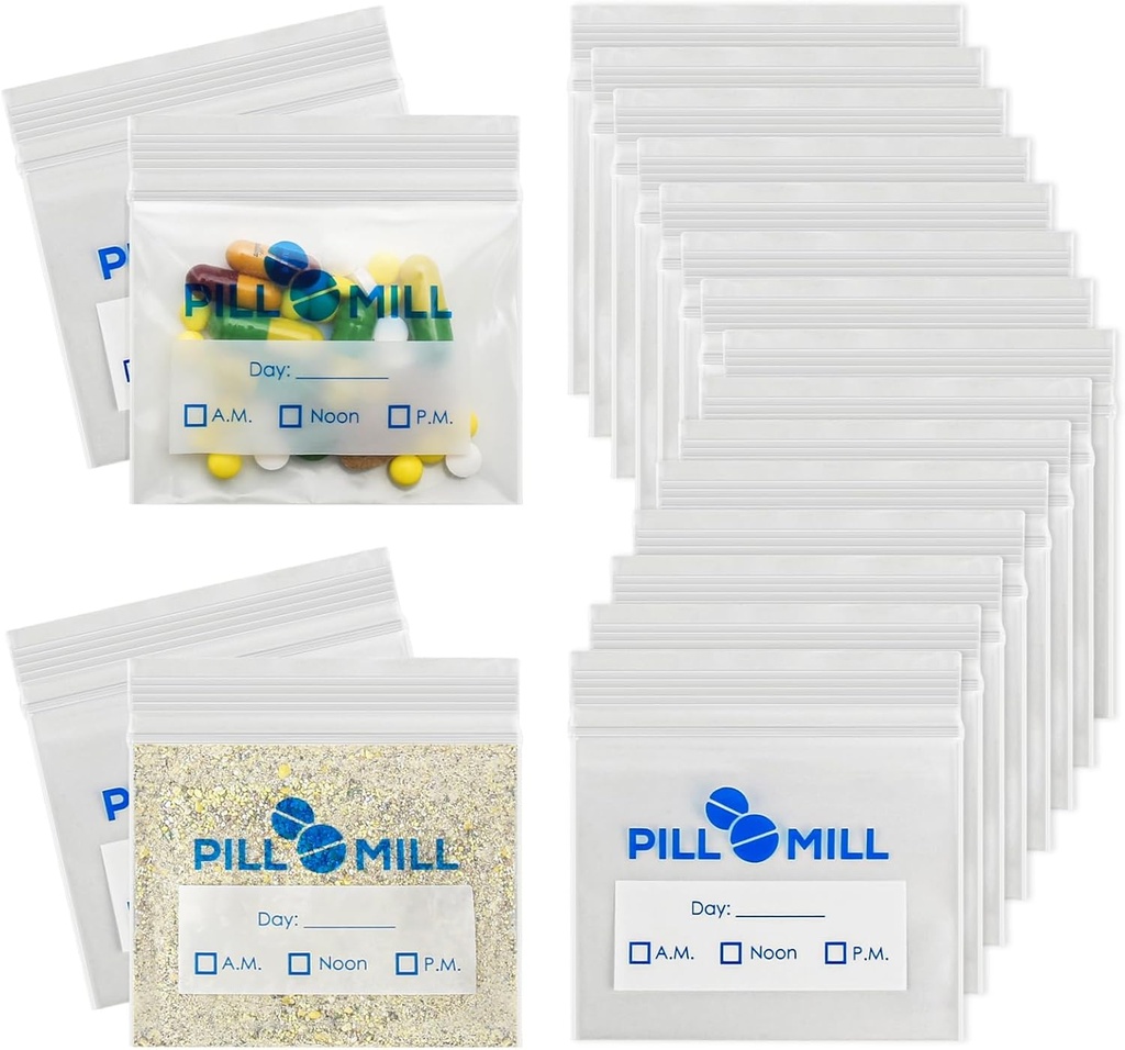 알약 가방 카운트 - 크기 3 "X 2"3 밀 - 플라스틱 알약 주최자 가방 - 작은 포켓 알약 Baggies - 여행 알약 파우치 - 매일 AM 약 보관 파우치 - 잠금 알약 캐리어 컨테이너 (100-Pack)