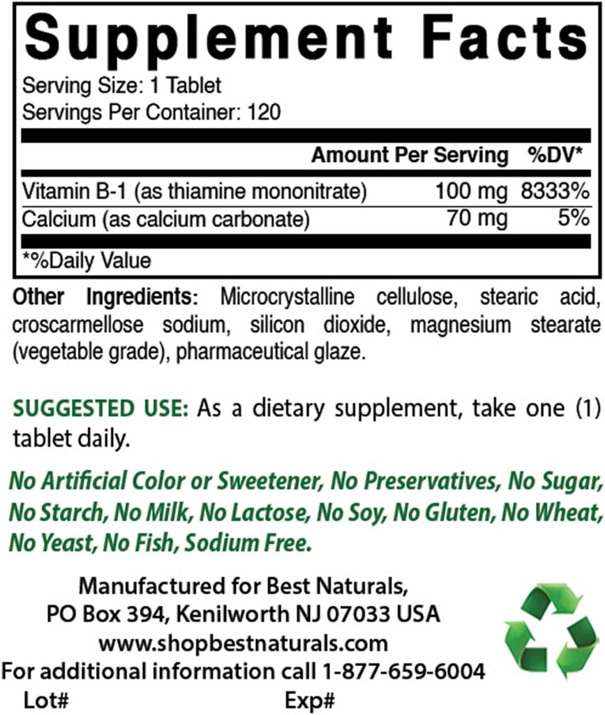 Thiamine Mononitrate 100 mg & 비타민 B-6 25 Mg로 제일 자연적인 비타민 B1