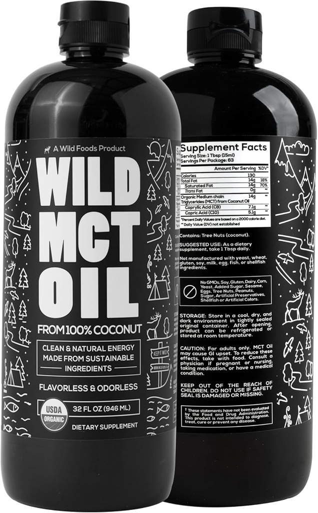 야생 MCT 오일 유기 코코넛 – 32 fl oz – 100% 천연 코코넛 – flavorless & Odorless C10/C8 MCT Energy & Cognitive Support에 대한 오일 – Keto-Friendly – 커피, 쉐이크 및 요리법에 대한 완벽한