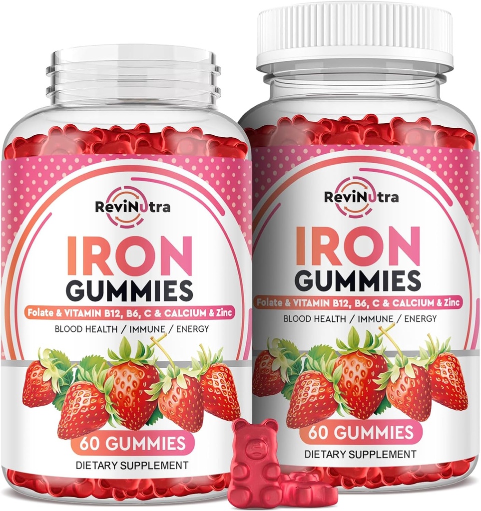 철 Gummies - 칼슘, 아연, Folate & 비타민 B12, C, 성인 & 아이를 위한 B6 - 철 결핍, 빈혈, 채식주의자를 위한 혈액 건축업자 & 에너지 지원 - 2 팩 Strawberry Flavour, 60 Gummies