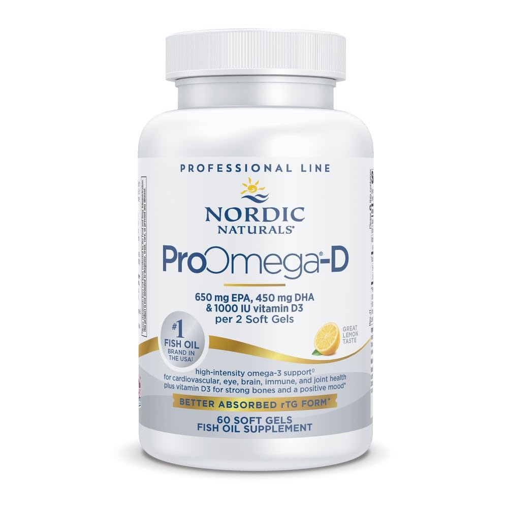 Nordic Naturals ProOmega-D, 레몬 맛 - 60 소프트 젤 - 1280 mg 오메가 3 + 1000 IU D3 - 고순도 생선 기름 - EPA & DHA - 두뇌, 눈, 심장, & 면역 건강 - Non-GMO - 30 서빙
