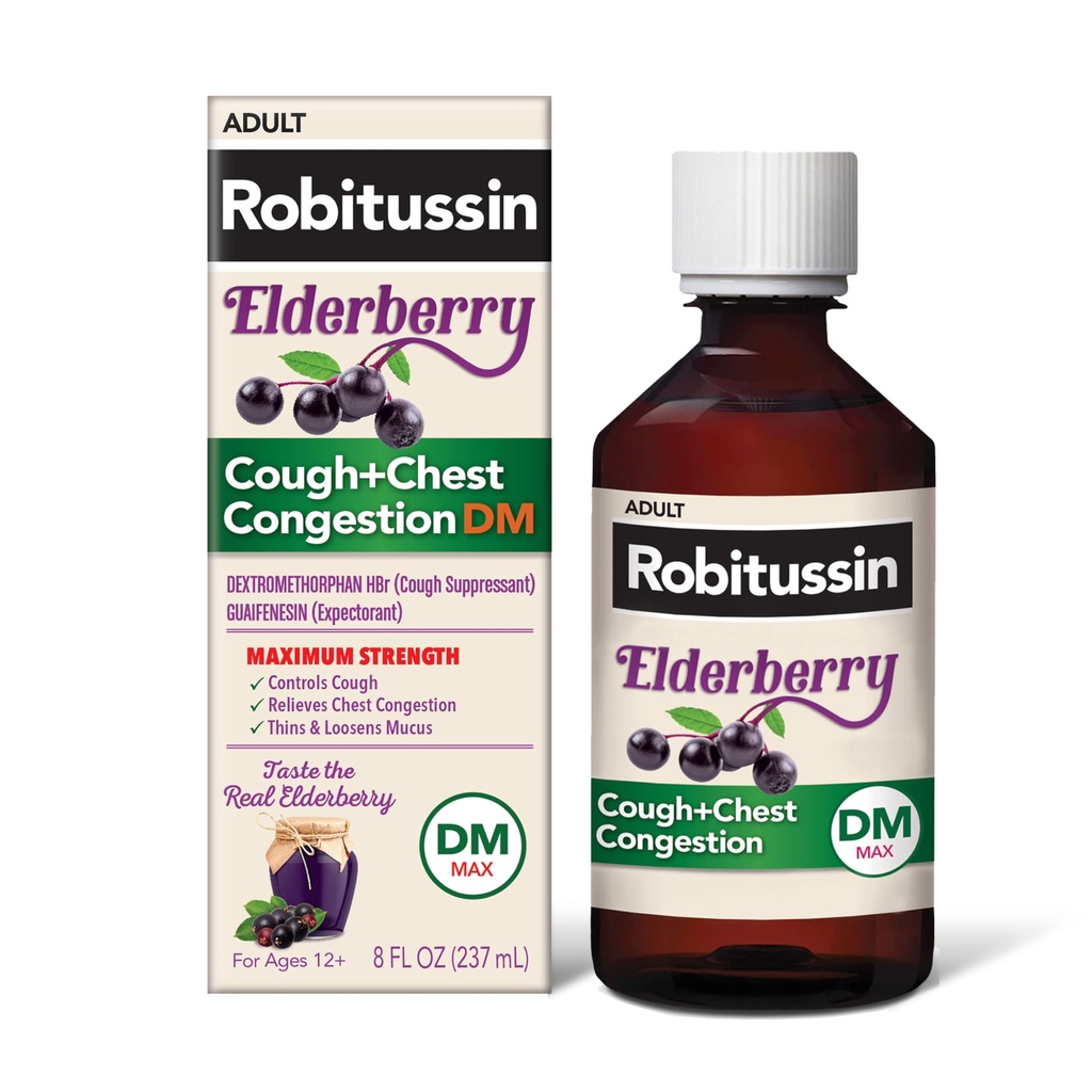 Robitussin 최대 힘 Elderberry Cough Plus Chest Congestion DM, 성인을 위한 Cough Suppressant, 액체 기침 및 가슴 혼잡 구호 제공 - 8 Fl Oz