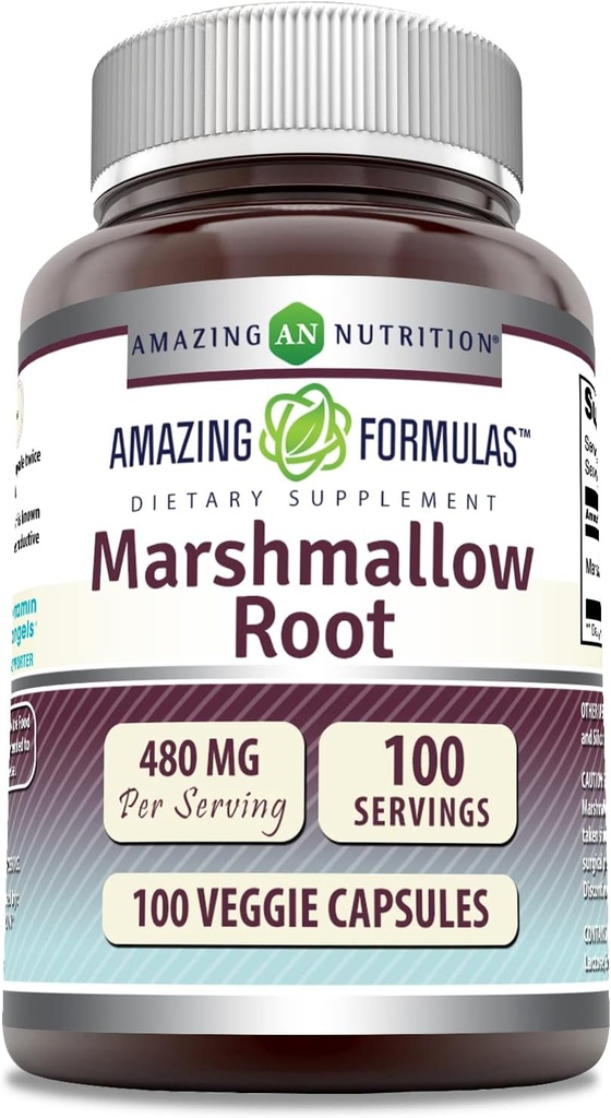 Amazing Formulas Marshmallow Root Supplement | 480 Mg Per 서빙 | 100 Veggie Capsules | Non-GMO | 글루텐 프리 | 미국