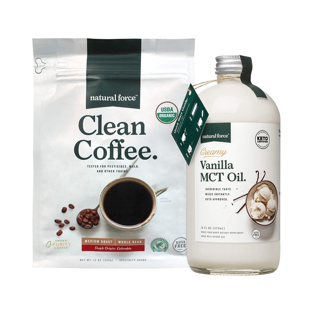 Natural Force Organic Clean Coffee + 크림 바닐라 MCT 오일 번들 - 맛 MCT 크림 및 금형 및 Mycotoxin 무료 커피 - 비 GMO, Keto, Paleo 및 Vegan - 12 Oz Bag 및 16 Oz Glass Bottle