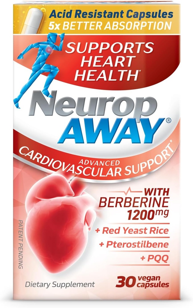 NeuropAWAY 심혈관 지원 30ct 1200mg Berberine PQQ 빨간 효모 밥 Pterostilbene