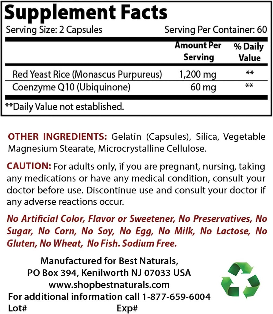 CoQ10 & Niacin 500 mg를 가진 제일 자연적인 빨간 효모 밥