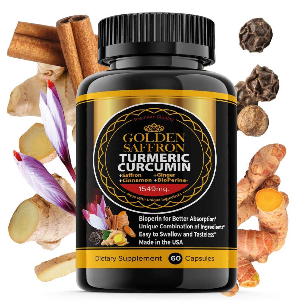 GOLDEN SAFFRON Turmeric Curcumin는 Bioperine, Saffron, Cinnamon 및 Ginger - 높은 Potency, Non-GMO, Gluten-Free 보충으로 더 나은 효과. 미국에서 만든