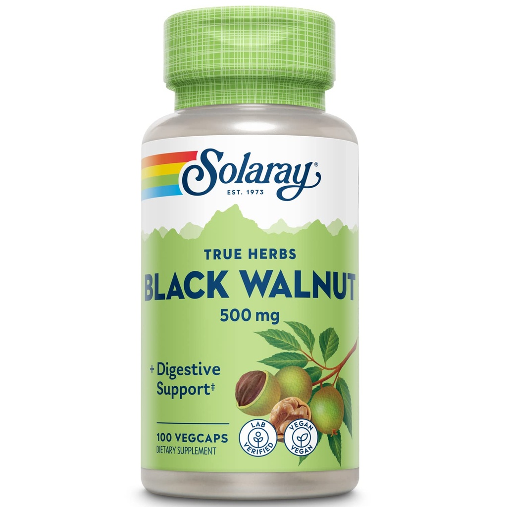 SOLARAY 검정 호두 500 mg - 전체 선체 - 전통적인 초본 지원 공식 - 비 GMO Verified, Vegan, Lab Verified - 60 일 보증 - 100 서빙, 100 VegCaps