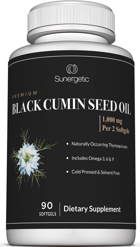 Sunergetic Premium Black Cumin Seed Oil Softgels - 서빙 당 검은 씨앗 오일 1,000mg - 비 GMO Cold Pressed Nigella Sativa - Thymoquinone 및 Omega 's 포함 90 Softgels