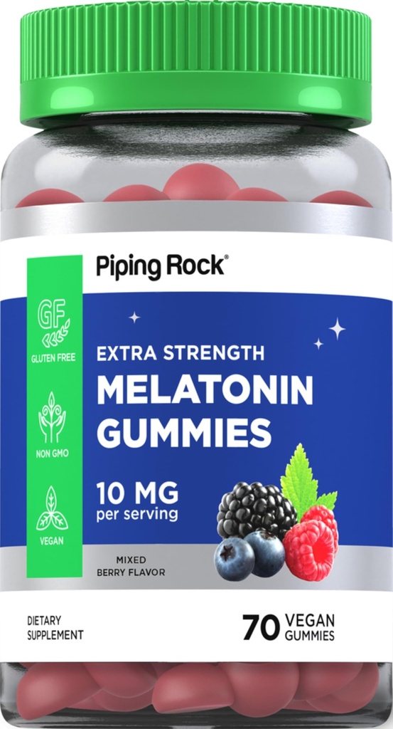 Piping Rock Melatonin Gummies 10mg | 70 개 | 베리 맛 보충 | Vegan, Non-GMO, 글루텐 무료