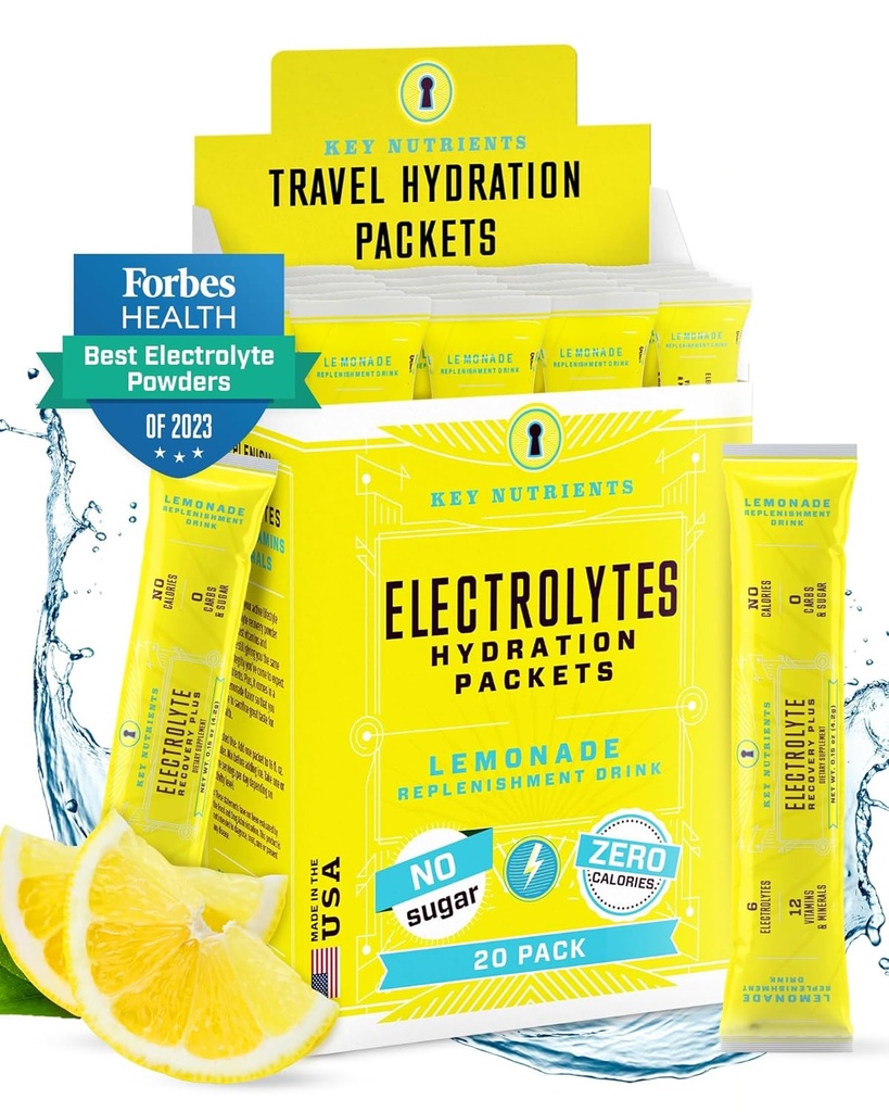 KEY NUTRIENTS Electrolytes Powder Packets - Lemonade 20 Pack Hydration Packets - 여행 Hydration Powder - 설탕 없음, 칼로리 없음, 글루텐 무료 - 미국에서 만든