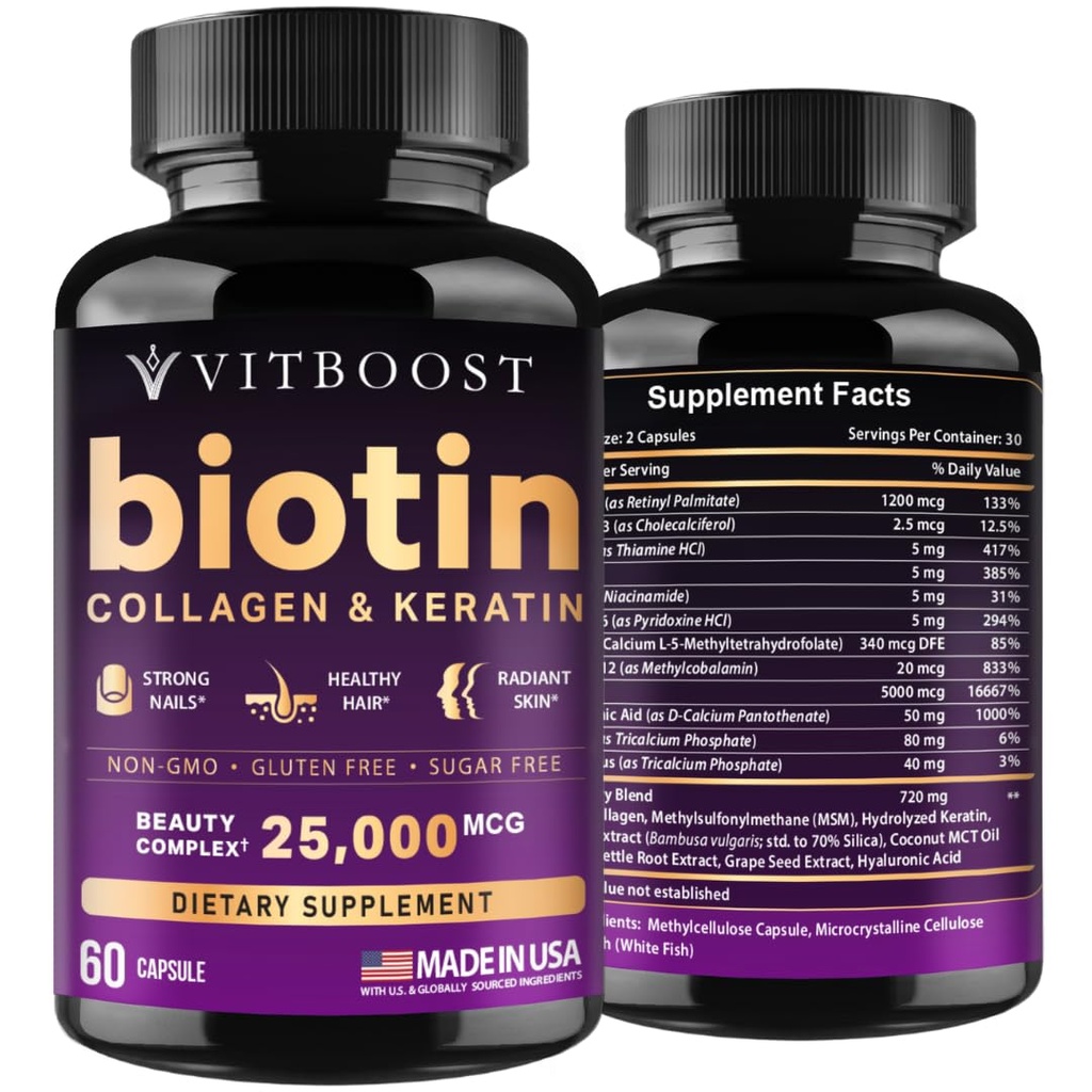 Hyaluronic 산, 교원질 및 Keratin를 가진 VITBOOST Biotin – 남자와 여자를 위한 25000 mcg 머리 성장 비타민 – 못과 피부, 미국 - 제3자 시험되는, B1, B2, B3, B6, B7 Complex - 60의 캡슐