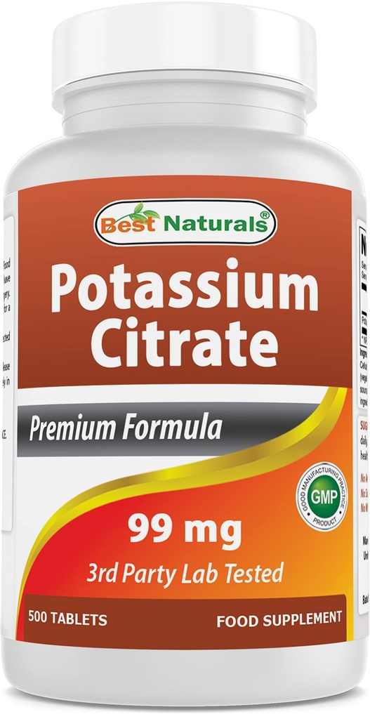 최고의 자연 칼륨 구연산염 99mg 500 정제 - 3rd Party Lab Tested