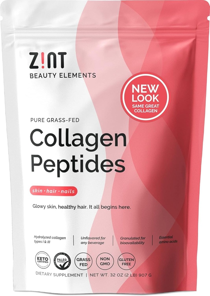 Zint Collagen Peptides Powder (32 oz) : Paleo-Friendly, Keto-Certified, Grass-Fed Hydrolyzed Collagen Protein Supplement - Unflavored, 비 GMO
