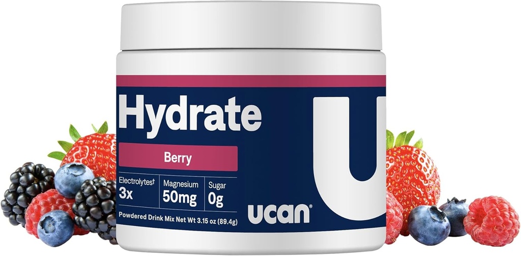 UCAN Hydrate Electrolyte 음료 혼합 (베리, 30 서빙) 설탕 무료, Keto-Friendly, Vegan, Non-GMO, Gluten-Free Electrolyte Powder with Potassium & Magnesium for Runners & Athletes