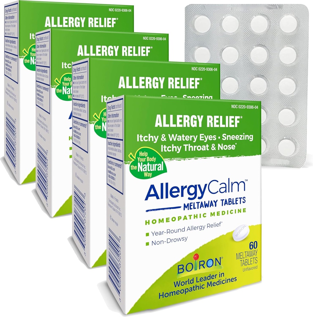 Boiron AllergyCalm Tablets 240 Count, 알레르기 및 Hay Fever Symptoms of Sneezing, Runny Nose, Itchy Eyes, Throat, Allergy Calm Tabs (Formerly RhinAllergy) (4 60ct 상자의 포장)