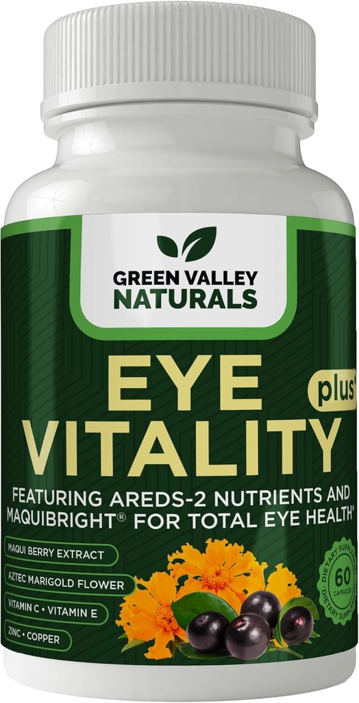 GREEN VALLEY NATURALS 눈 활력 플러스 보충, Areds-2 영양소, Maquibright, Marigold 꽃, 비타민 C & E, 아연, 구리, 60 캡슐 (1)