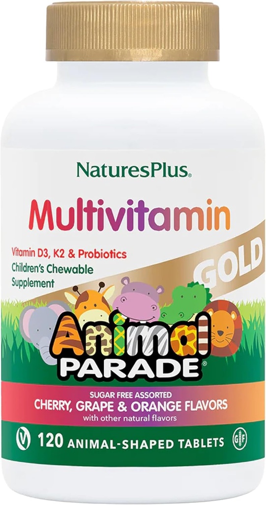 NaturesPlus Animal Parade Gold Children's Multivitamin - 구색 된 체리, 오렌지 및 포도 맛 - 120 동물 모양 킬레이트 정제, 3 팩 - Vegan, 글루텐 무료 - 180 총 서빙