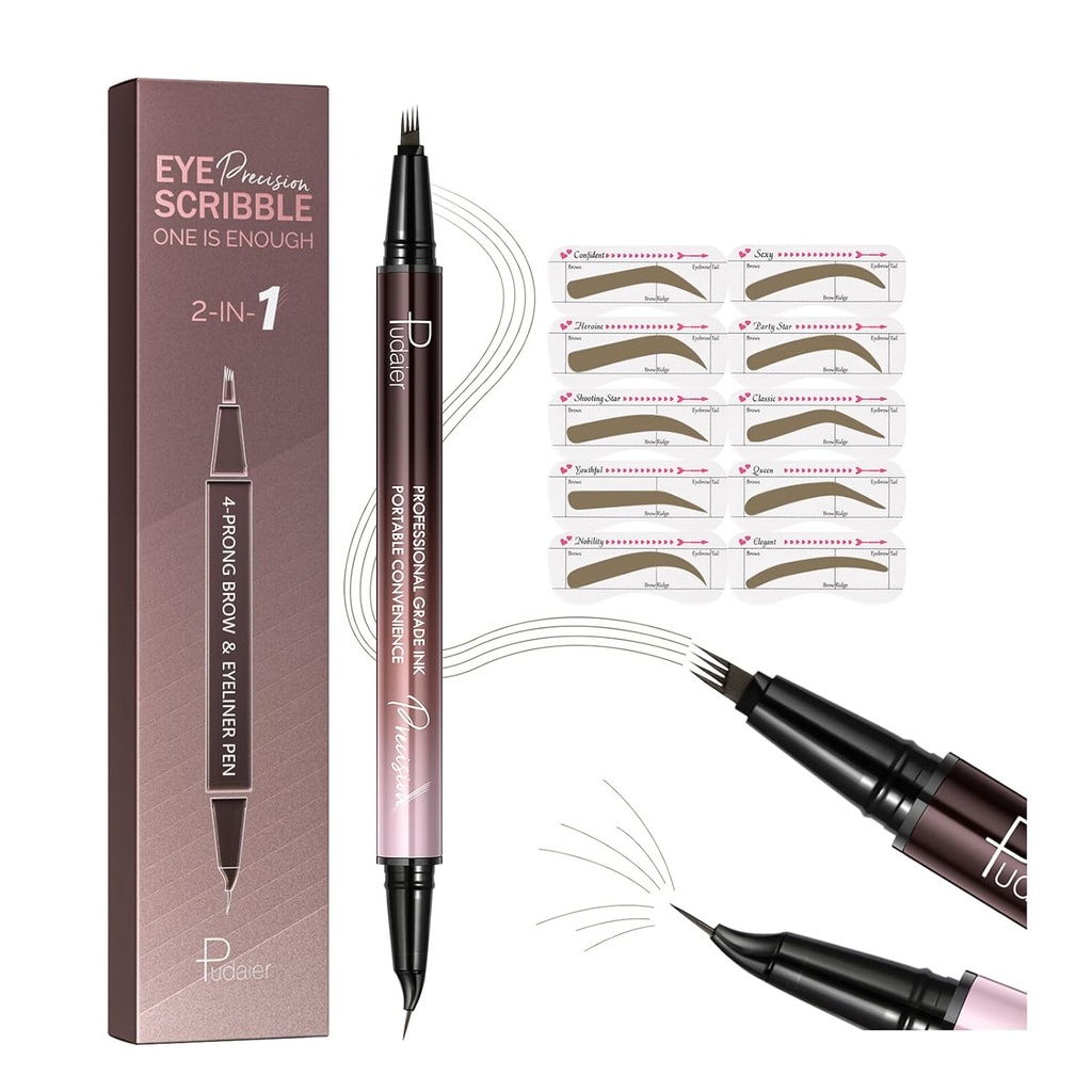 Pudaier 2-in-1 곡선 눈썹 펜 & Eyeliner 10PCS 블로우 스텐실, Microblading 눈썹 연필, 방수 및 긴 지속, 트러플