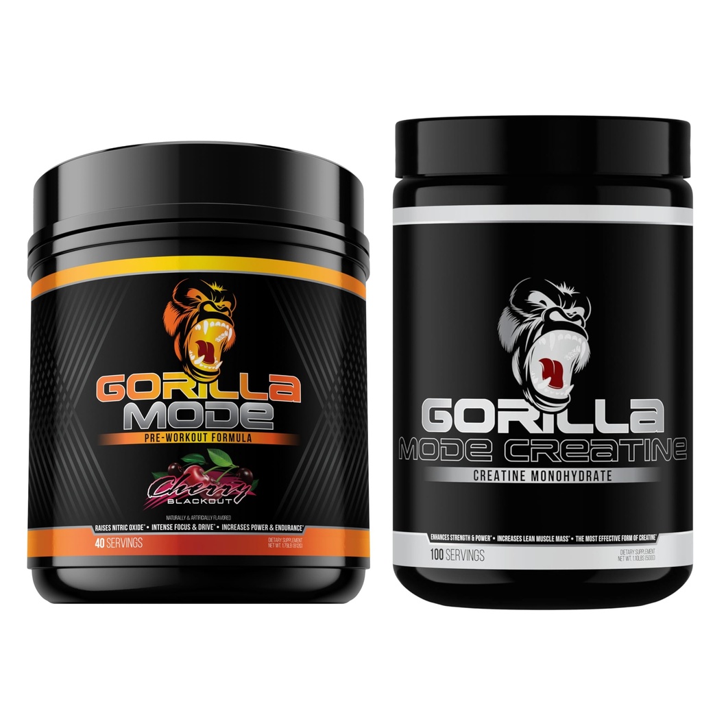 Gorilla Mind Pre Workout (Cherry) + Creatine (100 Serv.) - 향상된 강도, 출력 및 근육 크기를위한 종합 스택