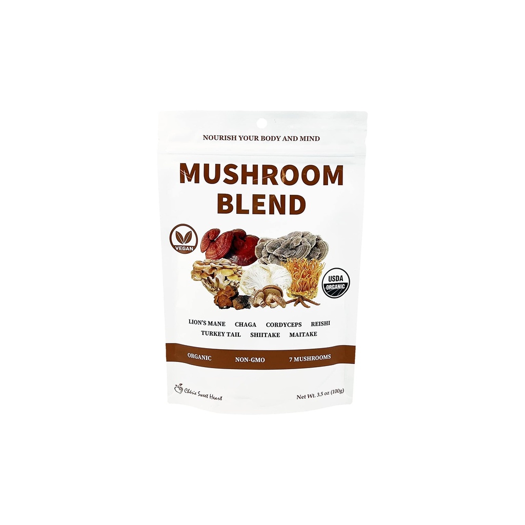 Cherie Sweet Heart 7 버섯 추출물 분말 - Lion 's Mane, Reishi, Cordyceps, Maitake, Shiitake, Turkey Tail & Chaga - Vegan, Non-GMO, 글루텐 프리 - 3.5 oz와 함께 USDA 유기농 슈퍼 푸드 혼합