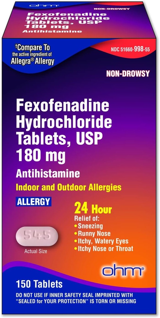 Ohm 알레르기 약 Fexofenadine 180mg - Sneezing 및 알레르기 증상, 비 돌기 - 효과적인 구호를위한 24 시간 항히스타민 정제 - 150 카운트 (단일 팩)
