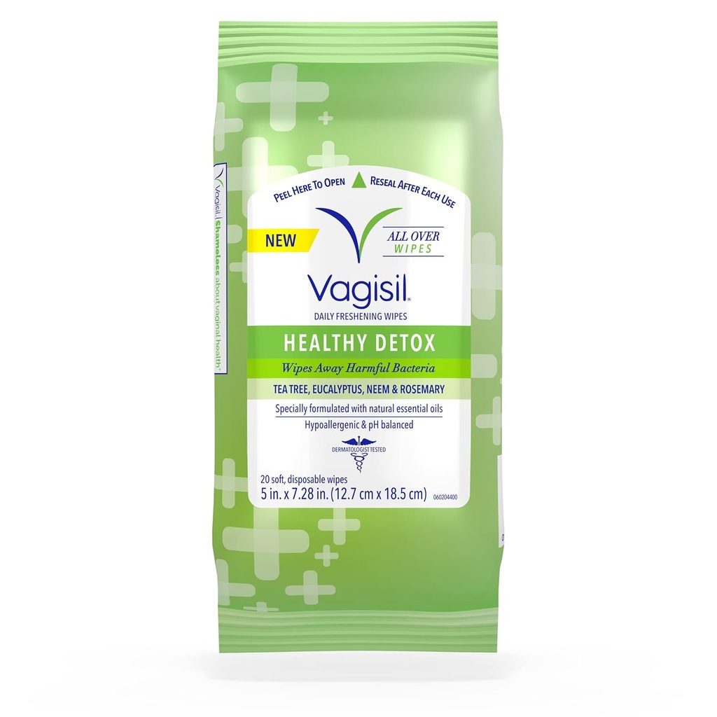 모든 청소, 건강 Detox에 대한 Vagisil Wipes, 에센셜 오일로 공식화, 재 sealable 파우치에 20 닦음 (팩 1)