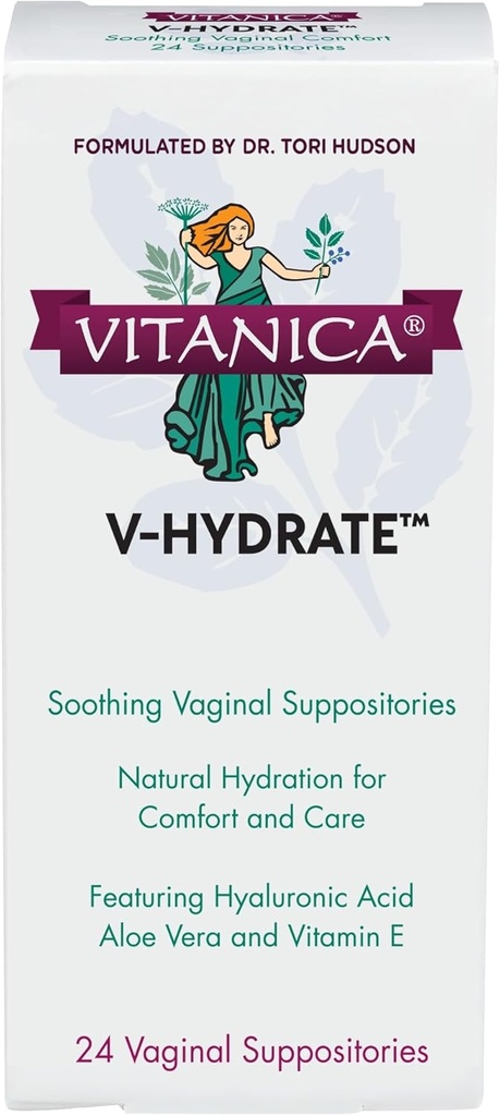 Vitanica V-Hydrate, Hyaluronic 산 Aloe Vera와 비타민 E, 호르몬 자유로운 & 약 자유로운, Vegan, 2 달 공급, 24 조사를 가진 안락 그리고 질 Hydration를 위한 질 좌약