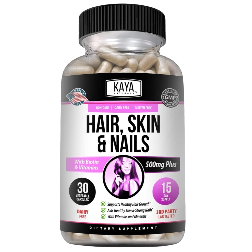 Kaya Naturals Hair Skin Nail Capsules with Biotin - Hair and Skin Vitamins, 비타민 D 비타민 B-12 A Folic Acid Support, Hair Support Vitamin Supplement for Hair Skin Nails- 30 카운트 캡슐