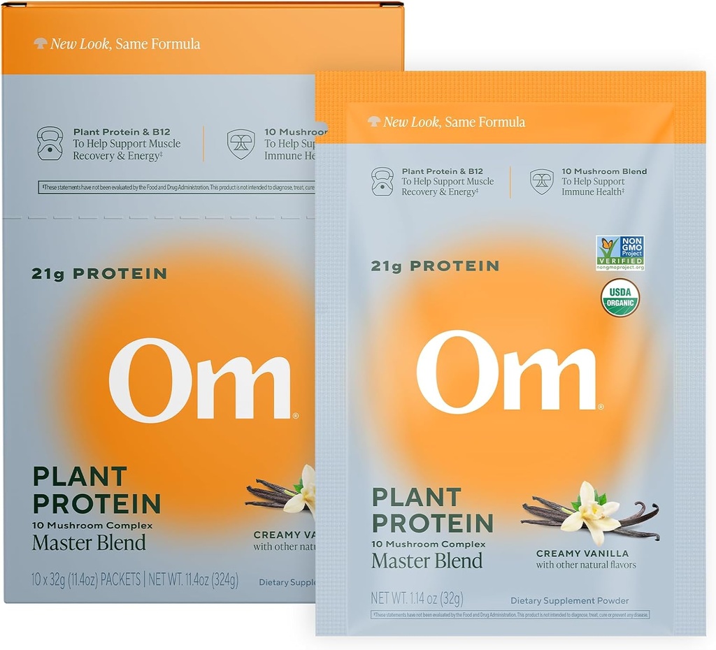 Om 주인 혼합 채식 단백질 분말, 바닐라, 식물 단백질의 21g - 10 버섯 복합체, Ashwagandha, BCAA 및 비타민 B12를 가진 유기 버섯 보충교재 - 단 하나 Serve (10 조사)