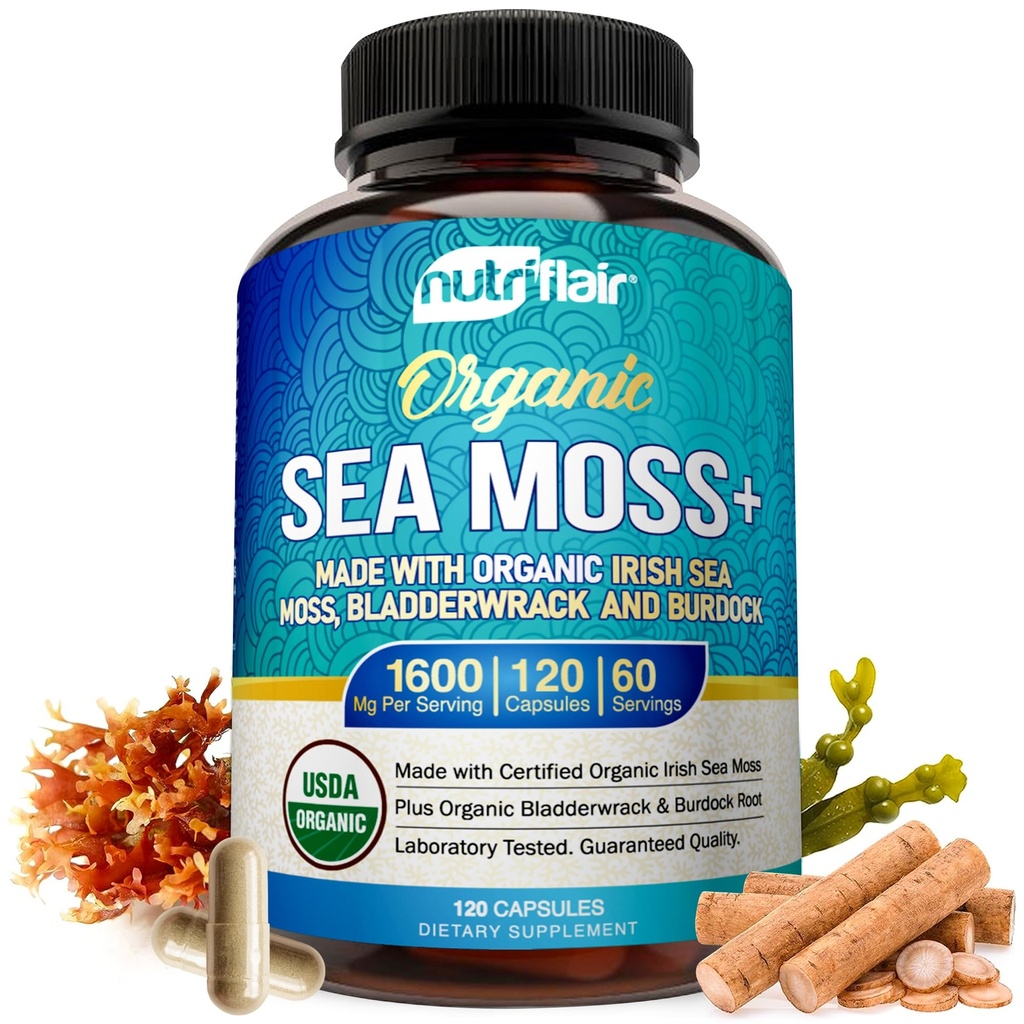 NutriFlair 유기 바다 Moss 1600mg, 120 캡슐 플러스 Bladderwrack & Burdock - Prebiotic 슈퍼 푸드 - 면역 체계 & 소화 건강 - Thyroid, 건강한 피부, Keto Detox, Gut
