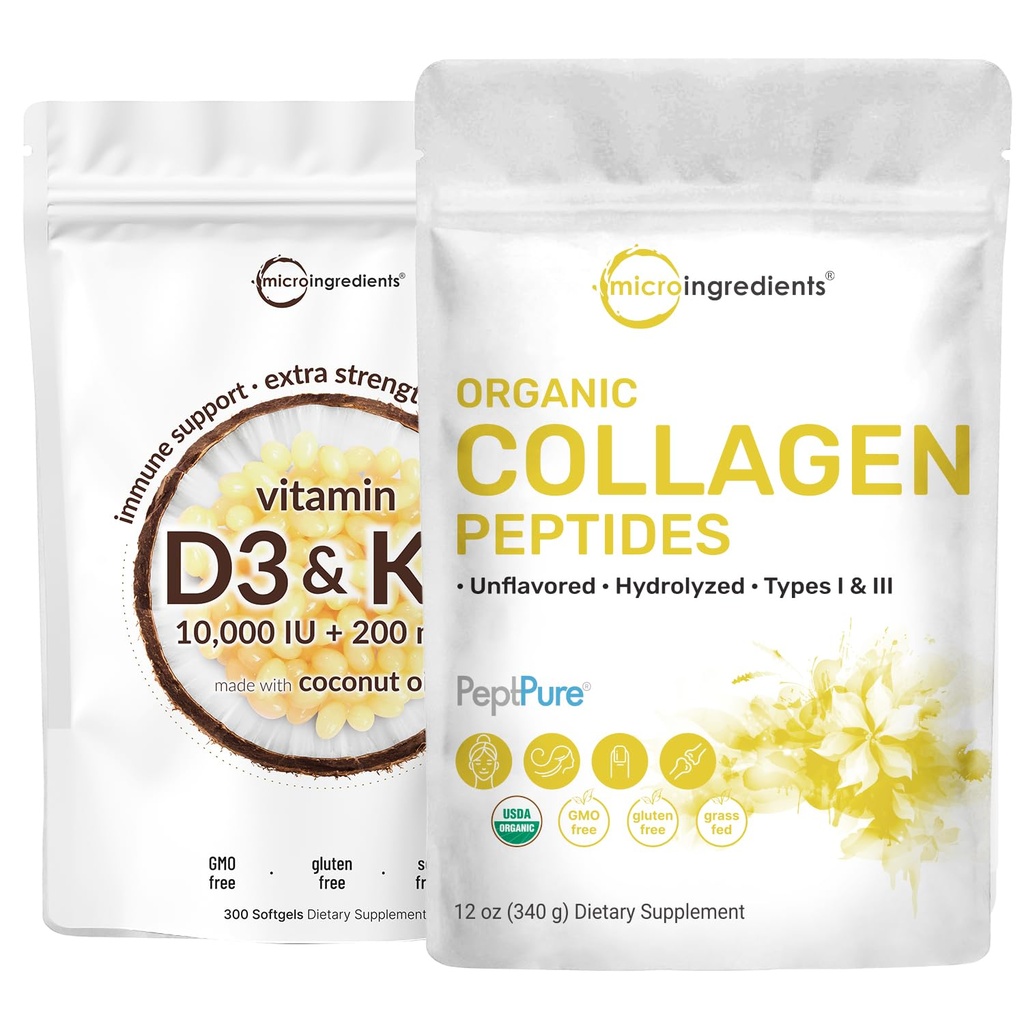 마이크로 성분 비타민 D3 10000 iu + K2 200 mcg 코코넛 오일 Softgels & 유기 교원질 펩티드 분말 뭉치 2 팩 | 정유 유형 I & III Bovine 교원질