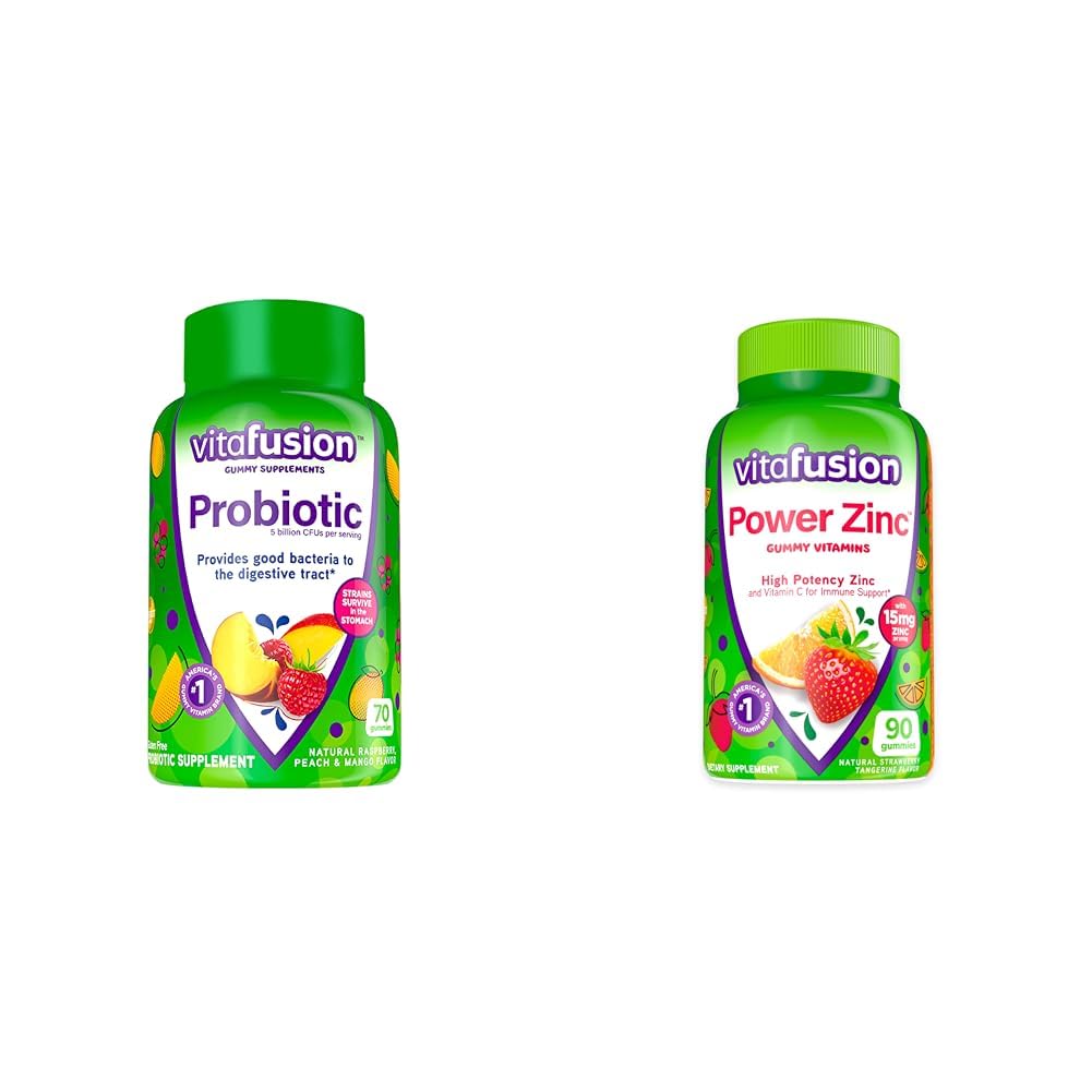 Vitafusion Probiotic Gummy 보조 식품, 라즈베리, 복숭아 및 망고 맛, 35 일 공급, 70 카운트 파워 아연 거미 비타민, 딸기 Tangerine 맛, 90 카운트