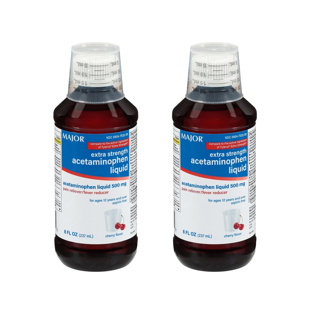 MAJOR 성인 여분 힘 액체 Acetaminophen 500mg - 고통을 구호하고 Fevers를 감소시키는 도움 - Aspirin 자유로운 - 버찌 풍미 - 8개 Fl Oz (2 팩)