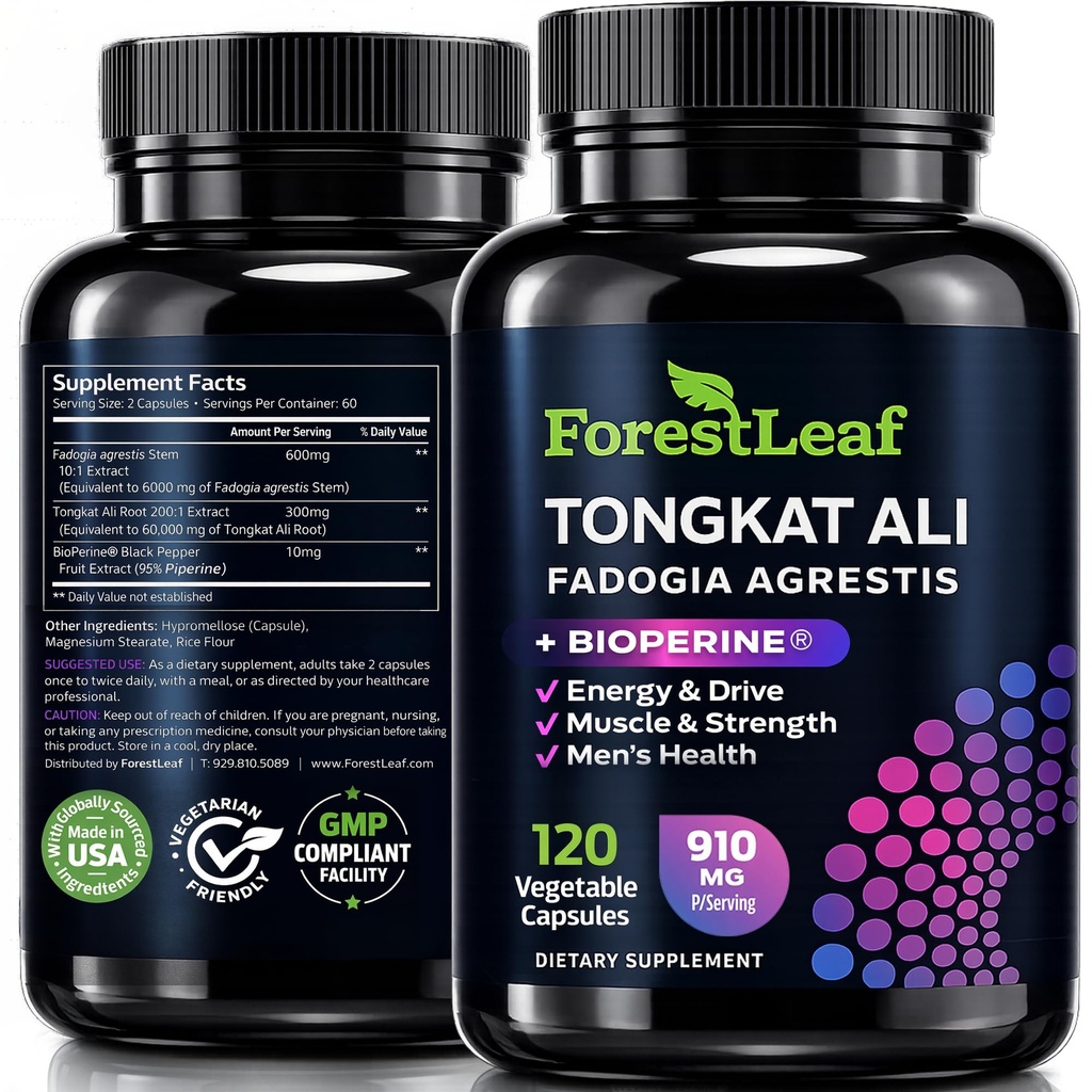 Tongkat Ali and Fadogia Agrestis for Men Supplement w/BioPerine - Tonkat-Ali Max Strength 200 : 1 추출물 - 남자를위한 긴 잭 Tongkat-ali - 근육 성장, 성능 및 에너지 - 120 분말 캡슐