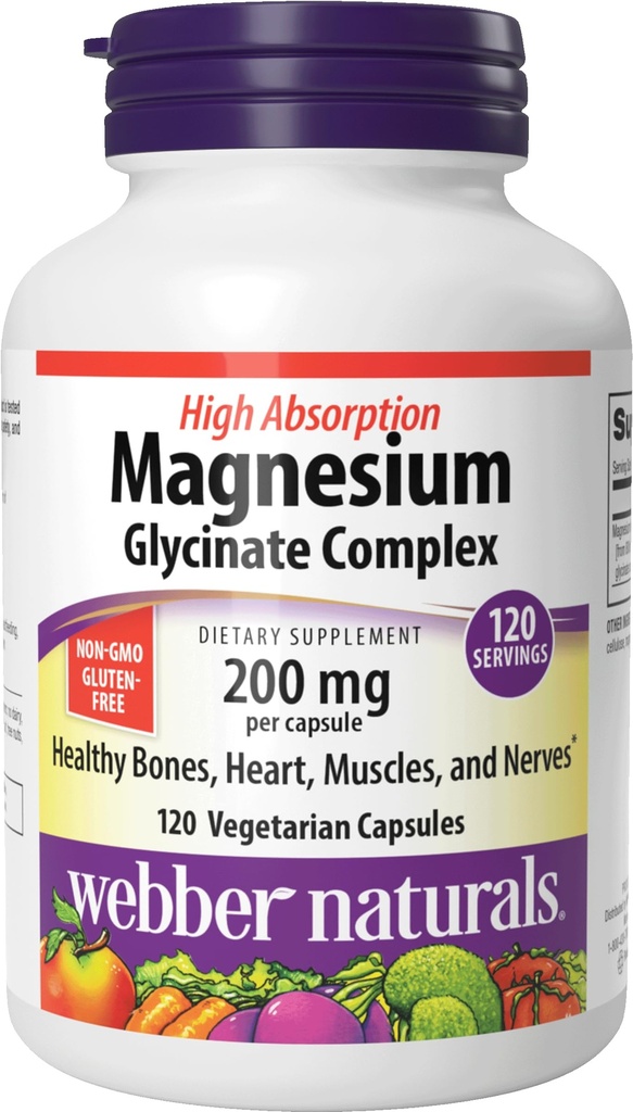 Webber Naturals Magnesium Glycinate Complex 200 mg, 120 채식 캡슐, 높은 흡수 포뮬러, 지원 뼈, 심장, 근육 & 나브, 일 당, 채식주의자, 새로운 상표!