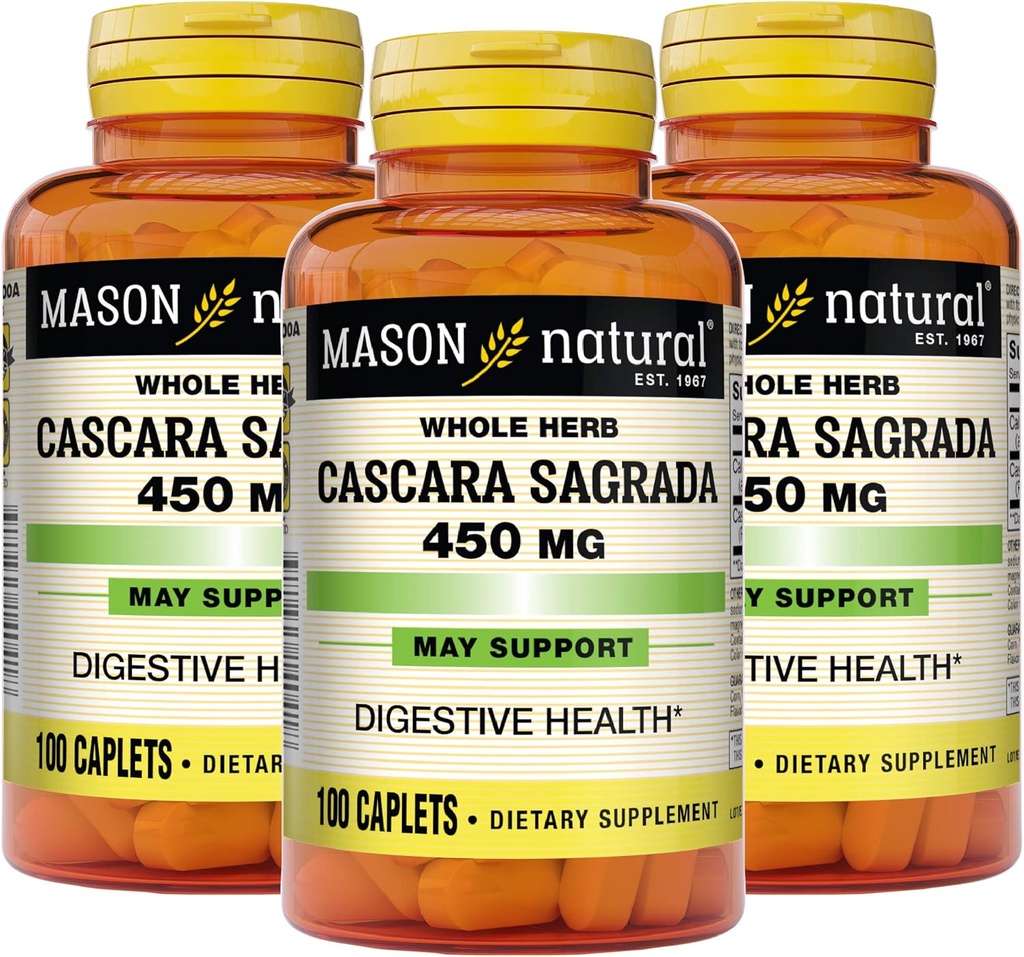 Mason 자연적인 Cascara Sagrada 450 mg의 정상적인 소화 기능 지원을 위한 초본 보충교재, 100개의 모자 (포장 3)