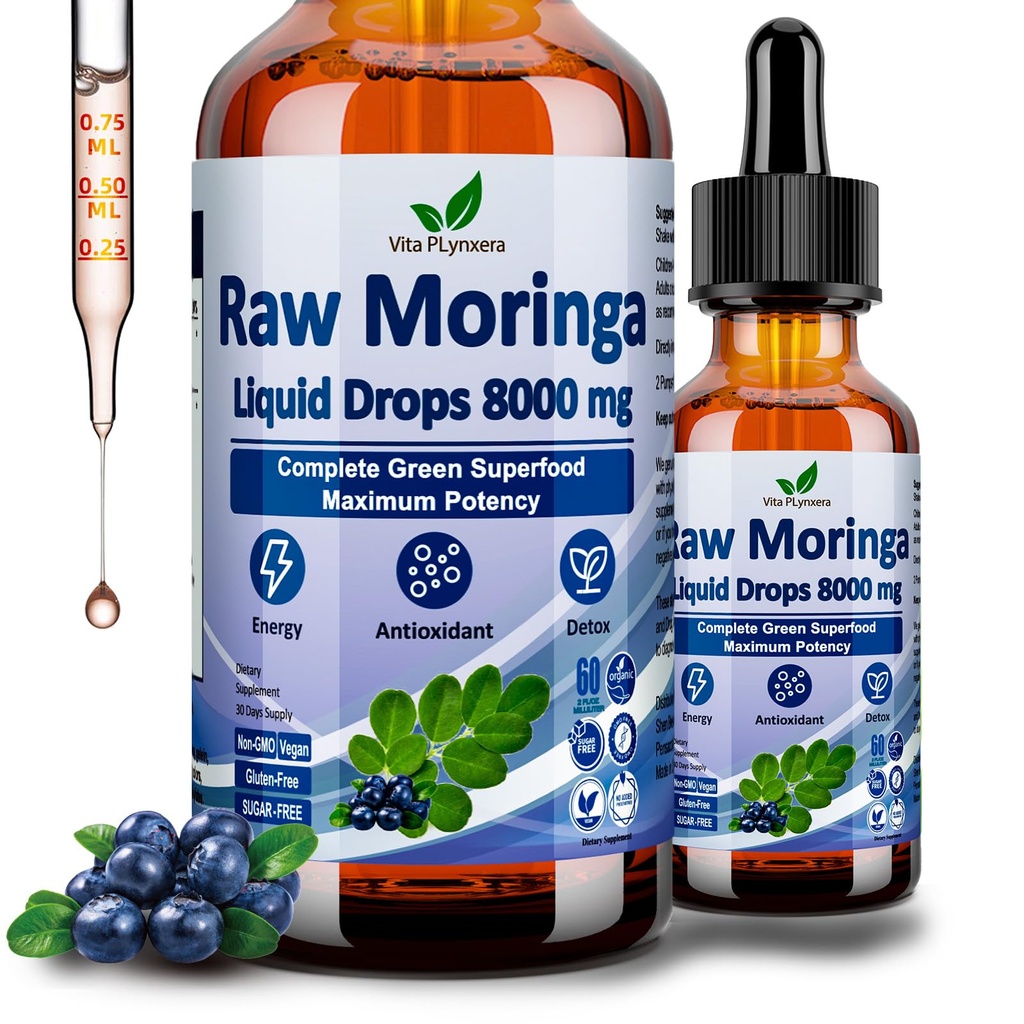 익지않는 Moringa 액체 하락 8000 mg의 유기 Moringa Oleifera 잎 추출물 w. Supergreens는 항 산화제, 에너지 & 면역성, 캡슐 분말 보다는 높은 효능을 위한 Wheatgrass, Barley 잔디의 혼합을 강화합니다