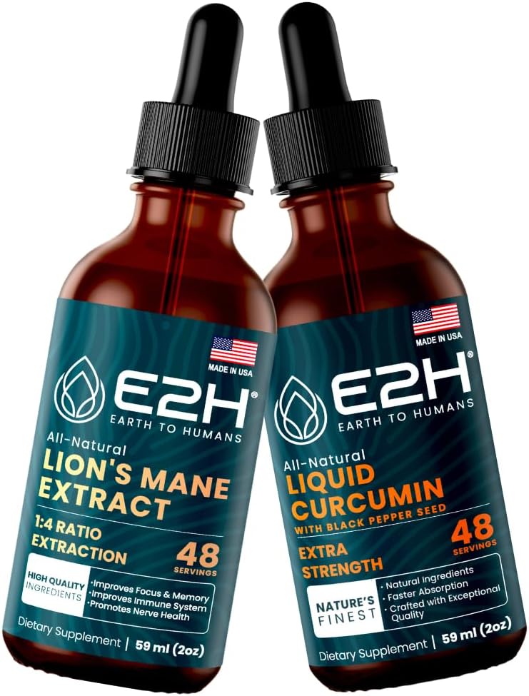 E2H: 멘탈 Clarity & Immunity를 위한 사자 사람, 합동 지원을 위한 액체 심황 | Vegan, Non-GMO - 2 Fl Oz 각 (4 Fl Oz 합계) - 번들