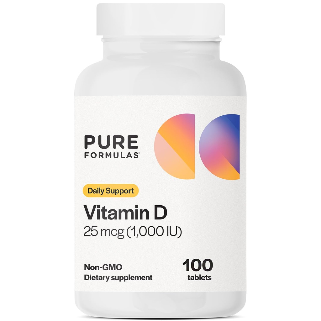 PureFormulas 비타민 D3 1,000 IU 25 mcg - 건강한 뼈 형성, 치아, 심혈관 건강 및 면역 지원 비 GMO - 100 개 정제를위한 프리미엄 비타민 D 보충