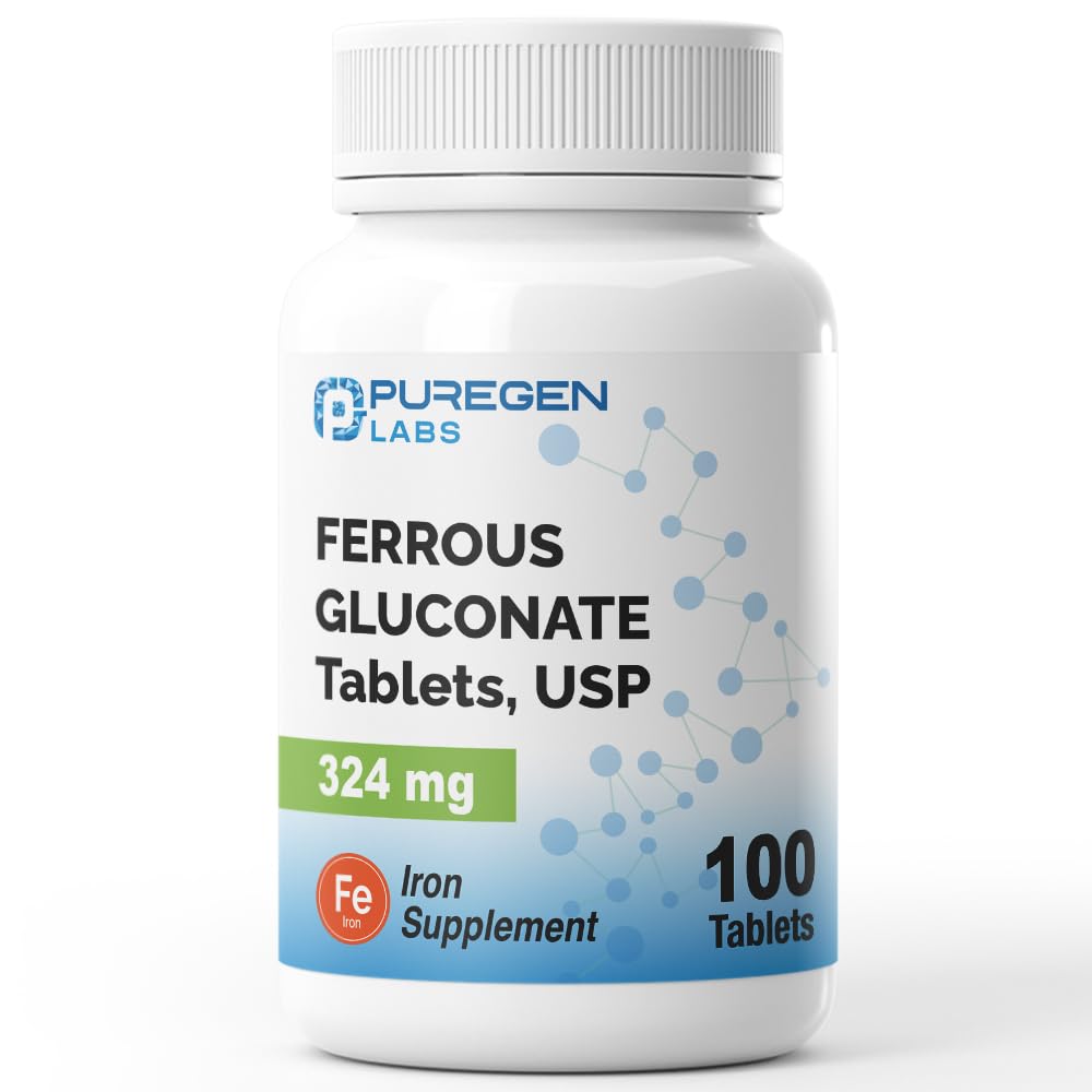 Puregen Labs Ferrous Gluconate 324 mg [고전력] 철 보충교재, Stomach에 Gentle - 100 정제