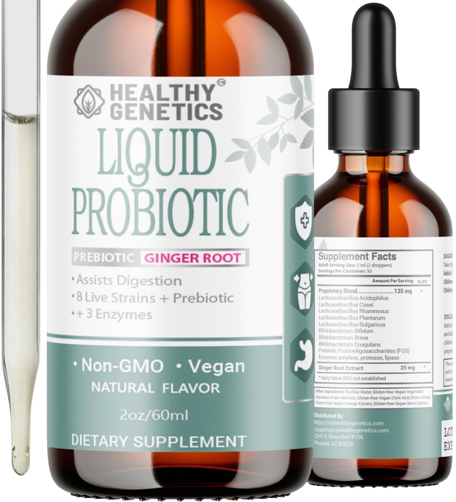 여성 남성과 어린이용 액체 프로바이오틱스 | Prebiotic +Ginger + Probiotics for Digestive Health | Acidophilus Probiotic | Dairy Free | Vegan | Non-GMO | 글루텐 프리 | 30 인분