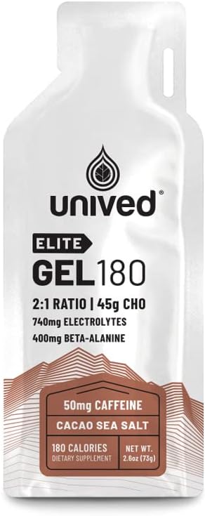 Unived Elite Gel 180-2 : 1 베타 Alanine 및 Essential Electrolytes가있는 단순 및 복합 캐비티의 비율 - Endurance Athletes Runners 및 Cyclists -180kcal - Cocoa Sea Salt - 50mg Caffeine - 6 팩