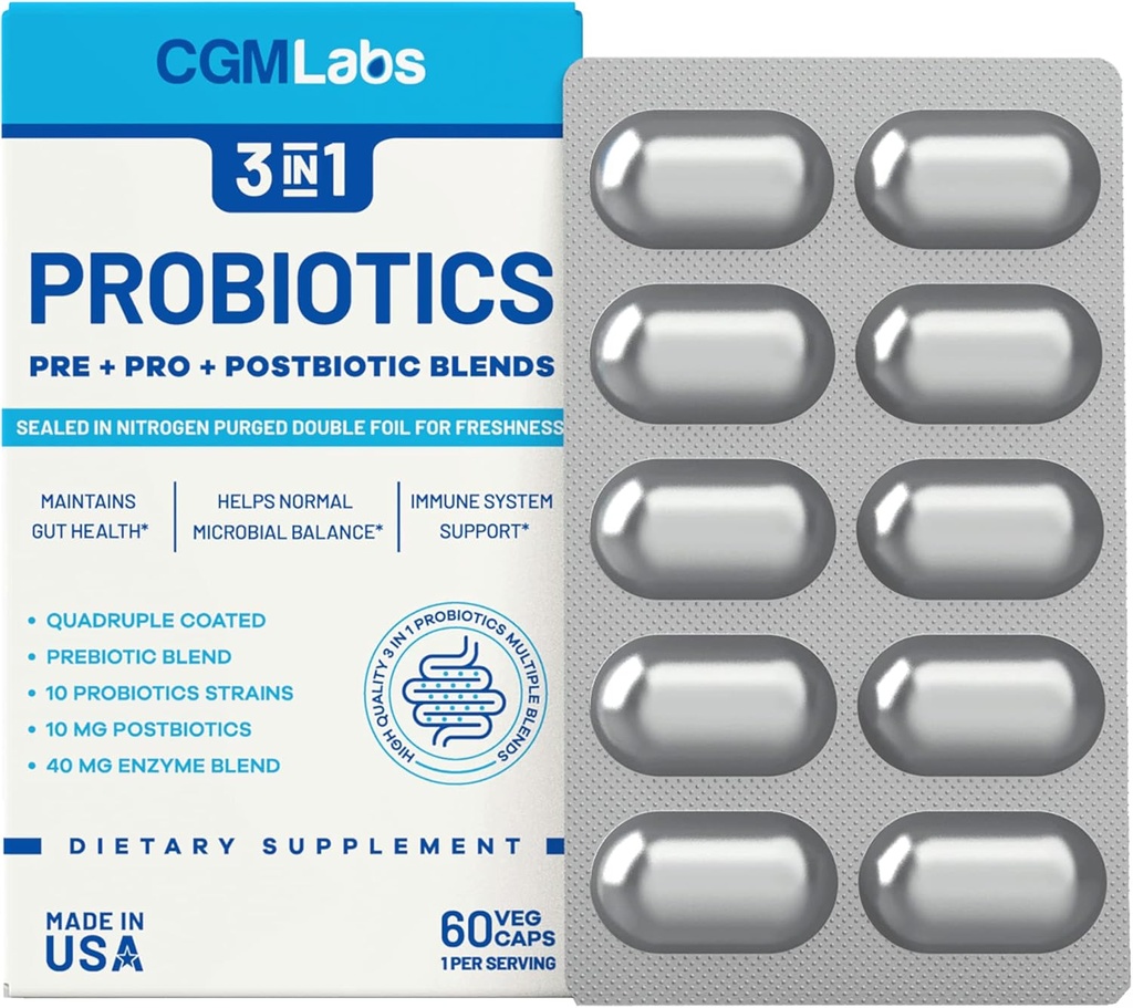 Probiotics 3 에 1 - Prebiotics + Probiotics + Postbiotics 모두 하나! 질소는 신선도를 위한 두 배 포일 물집에서, 개별적으로 포장했습니다 - CGM Labs에 의하여 60의 Veg 모자