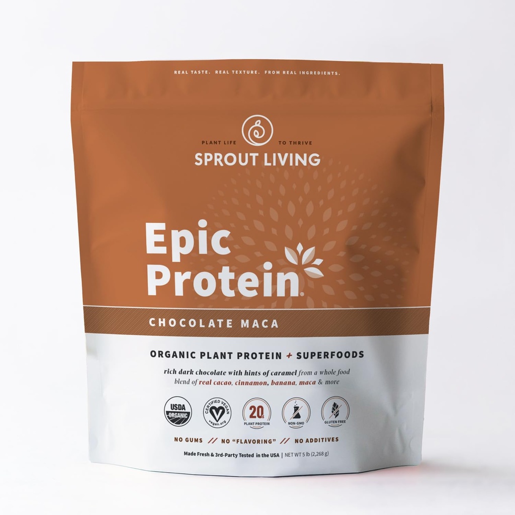 Sprout Living Epic Protein, Plant Based Protein & Superfoods Powder, Chocolate Maca Powder | 20 Grams Organic Protein Powder, Vegan, Non Dairy, Non-GMO, Gluten Free, Low Sugar (5 파운드, 60 서빙)