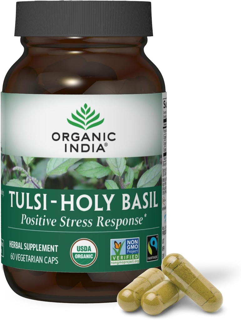 ORGANIC INDIA Tulsi Holy Basil 캡슐 - Holy Basil Extract - Holy Basil Leaf Supplement, Herbal Supplement, Immune Support, Stress Relief, Vegan, Gluten-Free, Kosher, Organic, Non-GMO - 60 캡슐