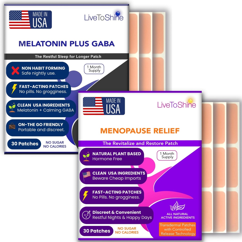 Menopause 구호 및 Melatonin 수면 패치 번들 - 2 팩 - 핫 플래시, 나이트 스웨터, 무드 스윙 구호 플러스 휴식 수면 패치 - 30 Day Supply Per Pack (60 Patches) - 미국 에 의해 만들어진 라이브 To Shine