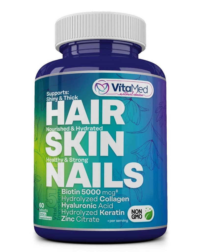 VitaMed Hair, Skin & Nails – Biotin 5000 mcg, Collagen, OptiMSM, Keratin, Hyaluronic Acid & Silica | 지원 헤어 성장, 레이디언트 피부, 강한 손톱 | Halal, Non-GMO, 글루텐-Free – 60 뷰티 태블릿